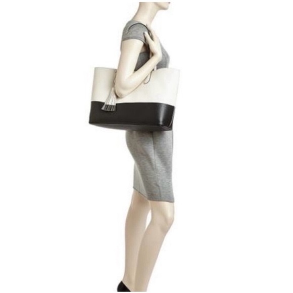 TORY BURCH Tote Leather Color Block Two-Tone Bag, Black & White - Picture 2 of 13